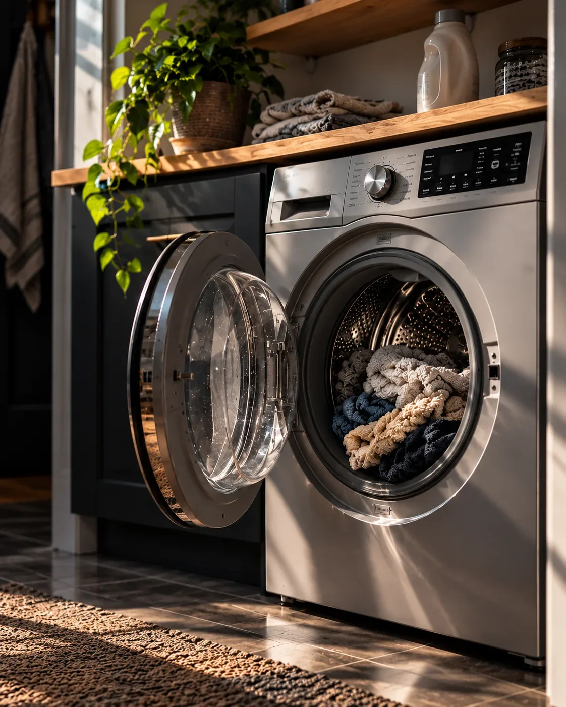 Front-loading washing machine in a residential laundry room in Midland, Ontario