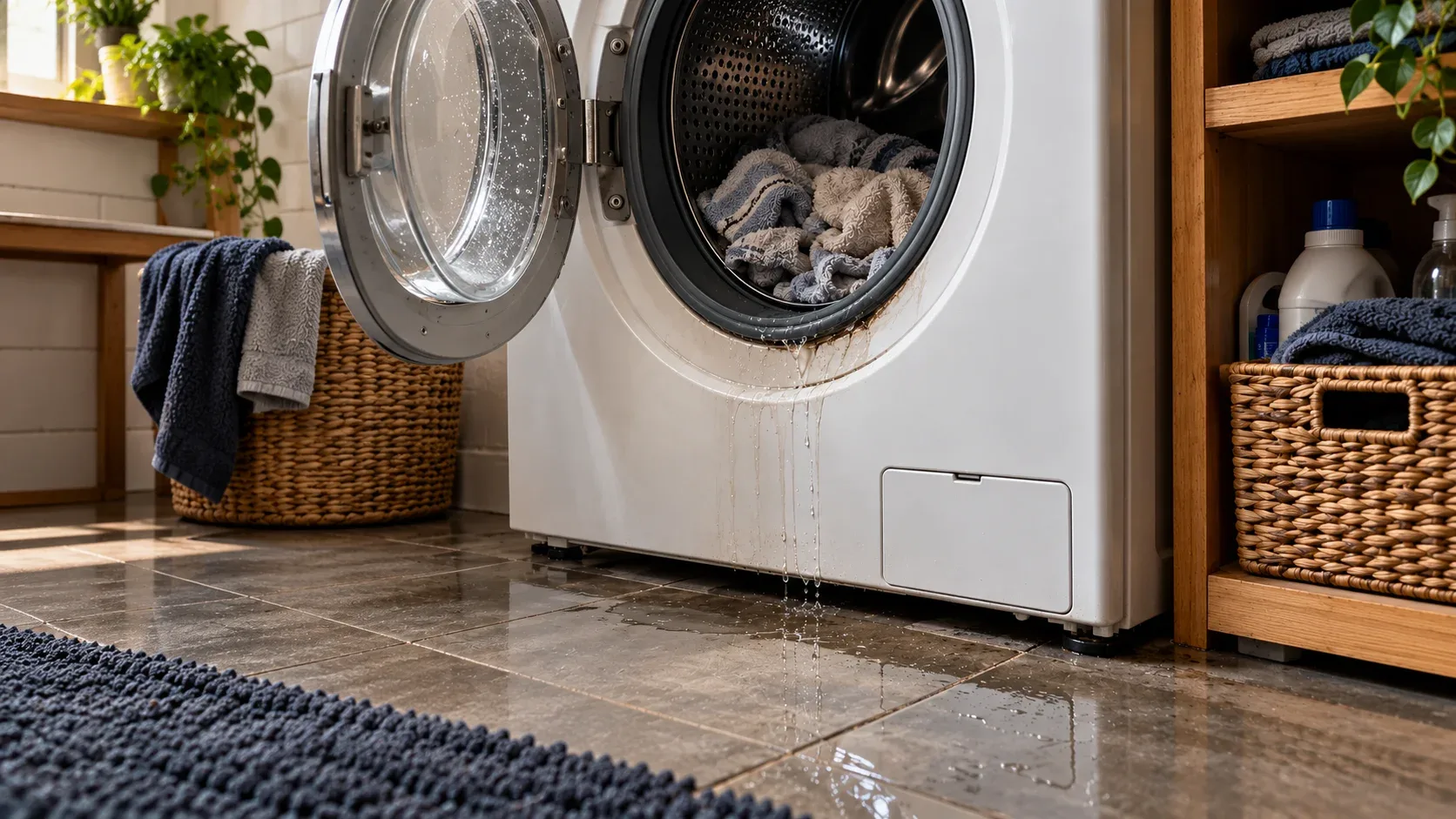 Front-loading washing machine in an everyday laundry room with laundry basket