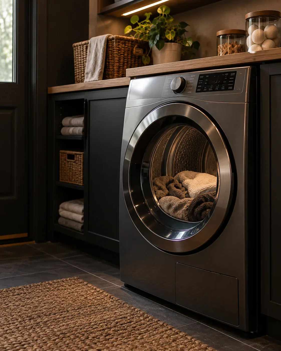 Front-loading clothes dryer in a residential laundry area in Midland, Ontario