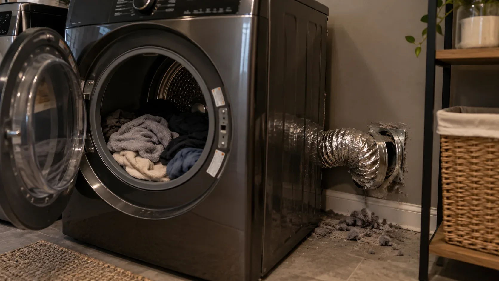 Clothes dryer and its ventilation connection in a residential laundry room
