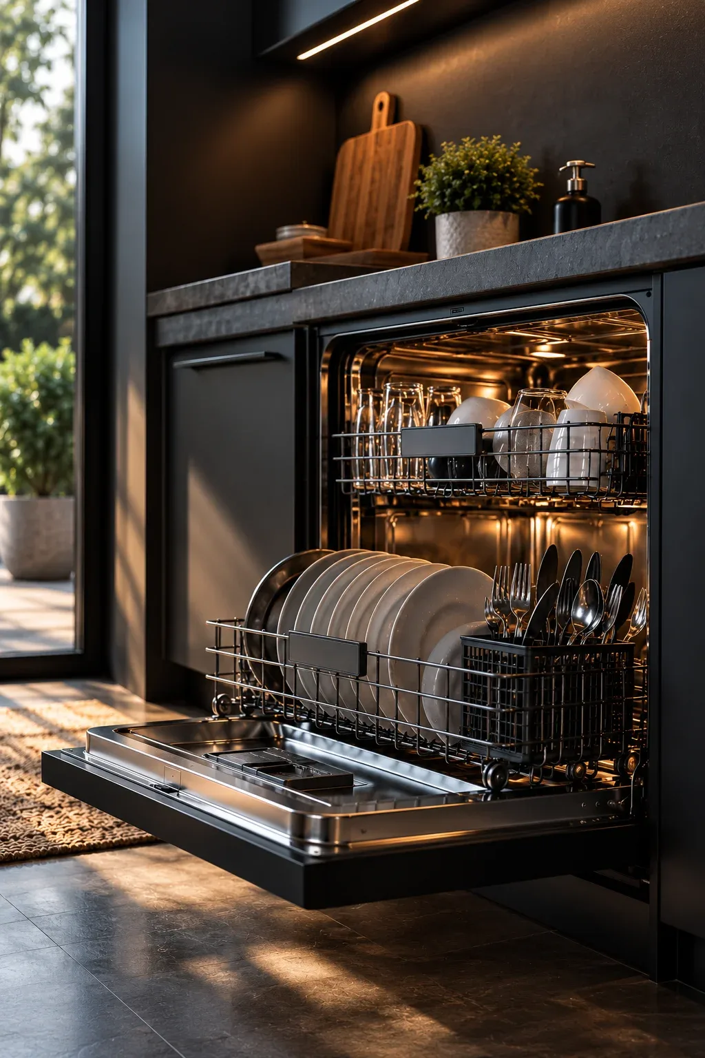 Open built-in dishwasher inside a residential kitchen in Midland, Ontario