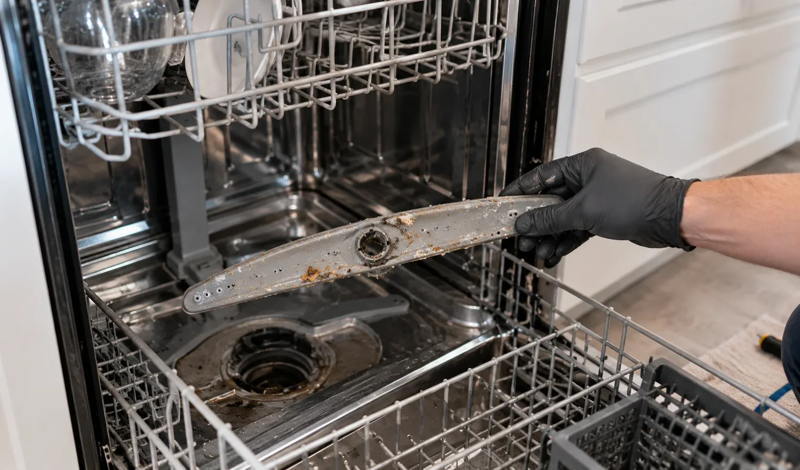 Built-in dishwasher with a spray arm being inspected in a residential kitchen