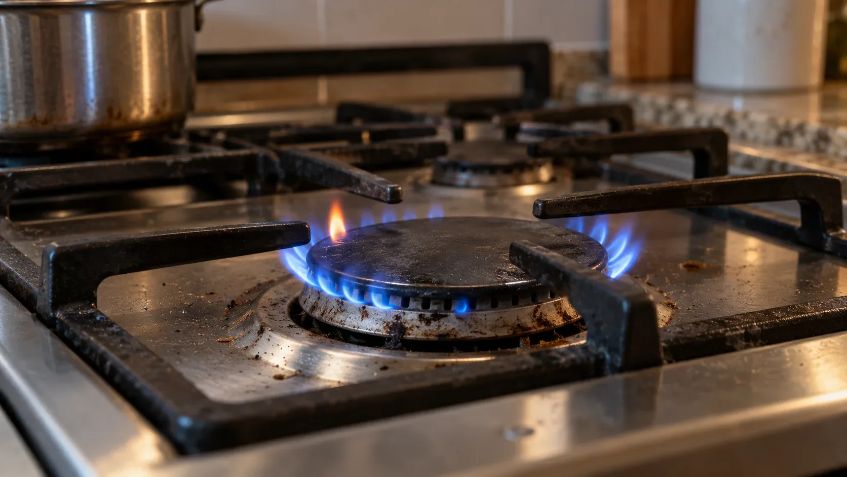 Close-up of a residential stove cooktop